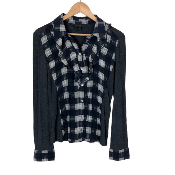 MaxMara Weekend Ruffle Plaid Silk and Knit Button Down Shirt Gray and Navy - Picture 1 of 8